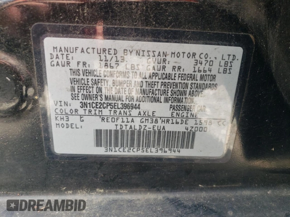 2014 Nissan Note S Plus with VIN 3N1CE2CP5EL396944, listed as a Copart auction lot 60194395 with 149,498 mi miles and Clean title. Bid and sale history available at DreamBid. Image 12.