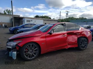 2018 Infiniti Q50 Red Sport 400 with VIN JN1FV7AR8JM700220, listed as a Copart auction lot 56797345 with Not provided miles and Salvage title. Bid and sale history available at DreamBid. Image 1.