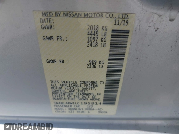 2020 Nissan Altima SV z VIN 1N4BL4DW1LC195914, wystawiony jako IAAI lot #41888061 z przebiegiem 81 376 mil mil oraz . Historia ofert i sprzedaży dostępna na DreamBid. Obrazek 9.