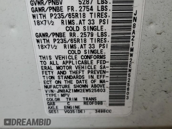 2014 Nissan Murano SV with VIN JN8AZ1MW2EW525603, listed as a Copart auction lot 70649104 with 143,801 mi miles and Salvage Title. Bid and sale history available at carsss.com. Image 15.