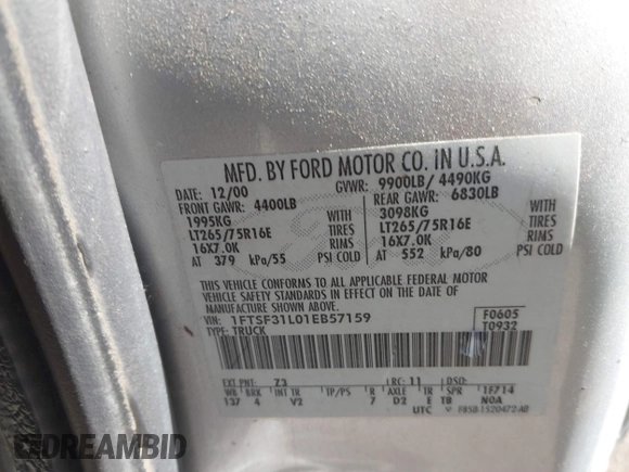 2001 Ford F-350 XL with VIN 1FTSF31L01EB57159, listed as a IAAI auction lot 41605363 with 87,526 mi miles and . Bid and sale history available at DreamBid. Image 9.