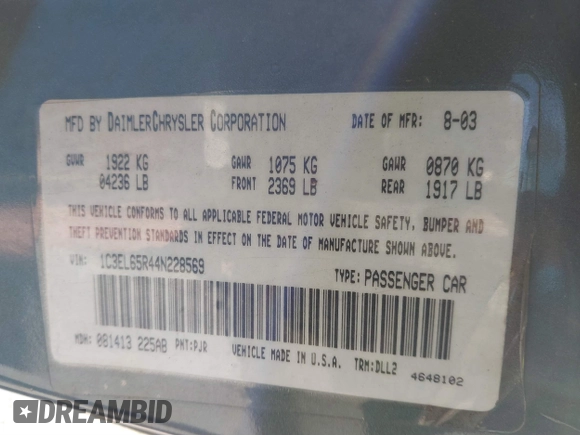 2004 Chrysler Sebring Limited with VIN 1C3EL65R44N228569, listed as a IAAI auction lot 41841279 with 182,964 mi miles and . Bid and sale history available at DreamBid. Image 9.