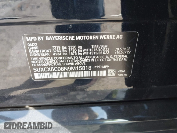 2022 BMW X7 M50i z VIN 5UXCX6C08N9M15818, wystawiony jako IAAI lot #41434065 z przebiegiem 52 740 mil mil oraz . Historia ofert i sprzedaży dostępna na DreamBid. Obrazek 9.