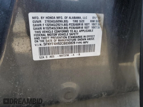 2012 Honda Pilot Touring with VIN 5FNYF4H92CB030828, listed as a Copart auction lot 54971505 with 215,219 mi miles and Salvage Title. Bid and sale history available at carsss.com. Image 14.