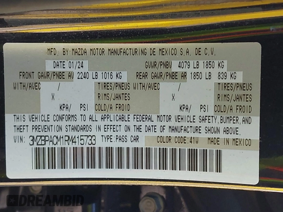 2024 Mazda 3 S Preferred с VIN 3MZBPACM1RM415733, выставлен на аукционе IAAI как лот 42308136 с пробегом 25 370 миль миль и . История ставок и продаж доступна на DreamBid. Изображение 9.