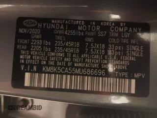 2021 Hyundai Kona Ultimate with VIN KM8K5CA55MU686696, listed as a IAAI auction lot 41347527 with 38,750 mi miles. Bid and sale history available at carsss.com. Image 9.