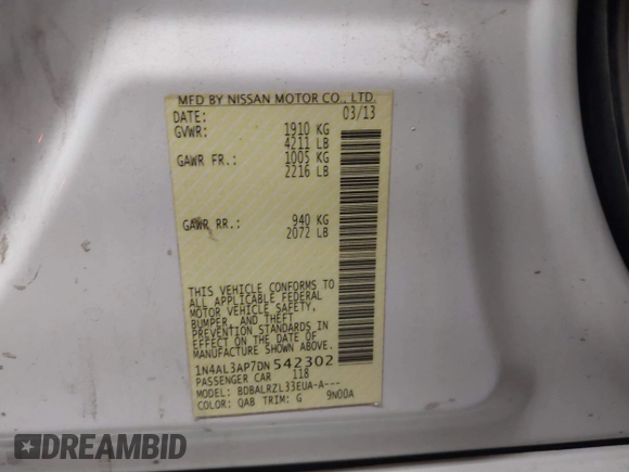 2013 Nissan Altima SV with VIN 1N4AL3AP7DN542302, listed as a IAAI auction lot 42016752 with 161,493 mi miles and . Bid and sale history available at carsss.com. Image 9.