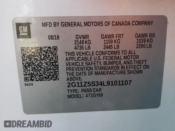 2020 Chevrolet Impala LT with VIN 2G11Z5S34L9101107, listed as a Copart auction lot 54345975 with 55,305 mi miles and Non Repairable. Bid and sale history available at DreamBid. Image 13.