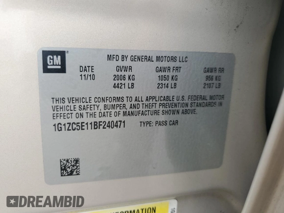 2011 Chevrolet Malibu 1LT with VIN 1G1ZC5E11BF240471, listed as a Copart auction lot 53552615 with 178,070 mi miles and Salvage Title. Bid and sale history available at DreamBid. Image 12.