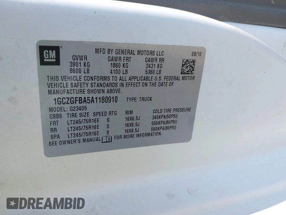 2010 Chevrolet Express Cargo with VIN 1GCZGFBA5A1180910, listed as a IAAI auction lot 42481444 with 330,979 mi miles and . Bid and sale history available at DreamBid. Image 9.