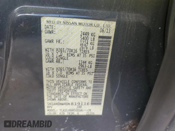 2013 Nissan Xterra S with VIN 5N1AN0NW4DN819116, listed as a Copart auction lot 43557285 with 140,694 mi miles and Salvage title. Bid and sale history available at DreamBid. Image 14.