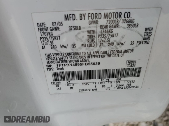 2005 Ford F-150 XLT with VIN 1FTPX14595FB55639, listed as a Copart auction lot 63423065 with Not provided miles and Clean title. Bid and sale history available at DreamBid. Image 12.