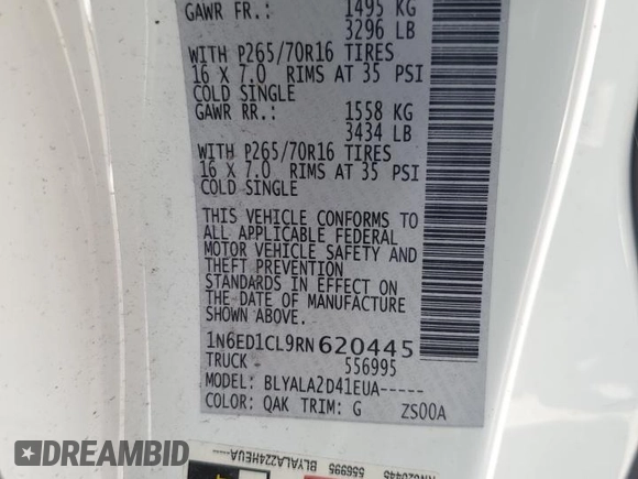 2024 Nissan Frontier S with VIN 1N6ED1CL9RN620445, listed as a Copart auction lot 58032905 with Not provided miles and Non repairable. Bid and sale history available at DreamBid. Image 14.