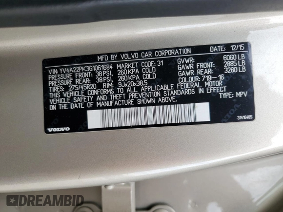 2016 Volvo XC90 T6 Momentum with VIN YV4A22PK3G1061684, listed as a Copart auction lot 56065185 with 186,471 mi miles and Salvage title. Bid and sale history available at DreamBid. Image 14.