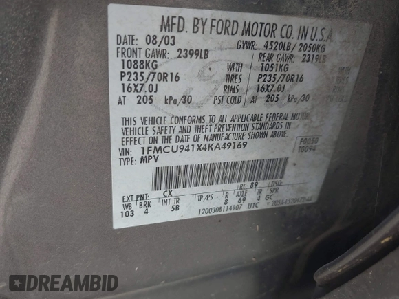 2004 Ford Escape Limited z VIN 1FMCU941X4KA49169, wystawiony jako IAAI lot #42491024 z przebiegiem 310 880 mil mil oraz . Historia ofert i sprzedaży dostępna na DreamBid. Obrazek 9.