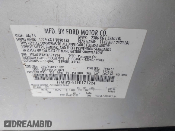 2015 Ford Taurus Limited with VIN 1FAHP2F81FG171224, listed as a IAAI auction lot 42250645 with 125,395 mi miles and . Bid and sale history available at DreamBid. Image 9.