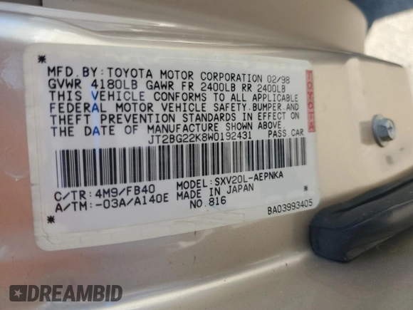 1998 Toyota Camry LE z VIN JT2BG22K8W0192431, wystawiony jako Copart lot #59421795 z przebiegiem 63 232 mil mil oraz Czysty tytuł • Clean title. Historia ofert i sprzedaży dostępna na DreamBid. Obrazek 12.