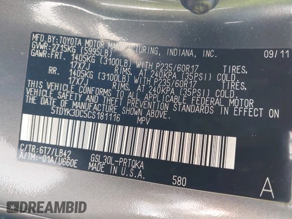 2012 Toyota Sienna XLE AAS with VIN 5TDYK3DC5CS181116, listed as a IAAI auction lot 42511625 with 120,721 mi miles and . Bid and sale history available at DreamBid. Image 8.