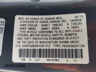 2013 Honda Civic Cpe LX with VIN 2HGFG3B58DH521213, listed as a IAAI auction lot 42042878 with 46,865 mi miles. Bid and sale history available at carsss.com. Image 9.
