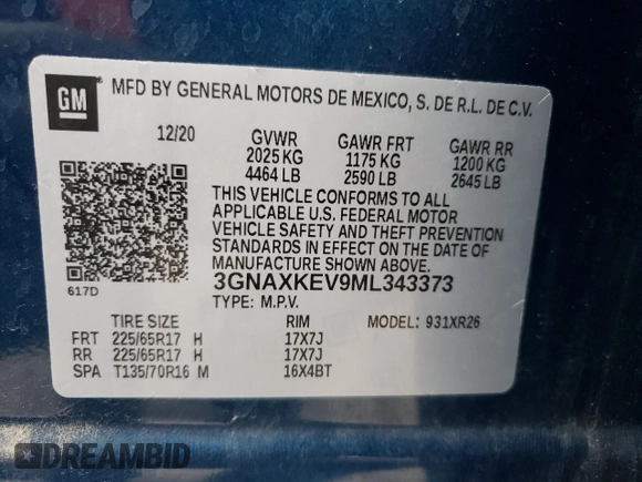 2021 Chevrolet Equinox LT with VIN 3GNAXKEV9ML343373, listed as a Copart auction lot 56510835 with 66,611 mi miles and Salvage title. Bid and sale history available at DreamBid. Image 14.