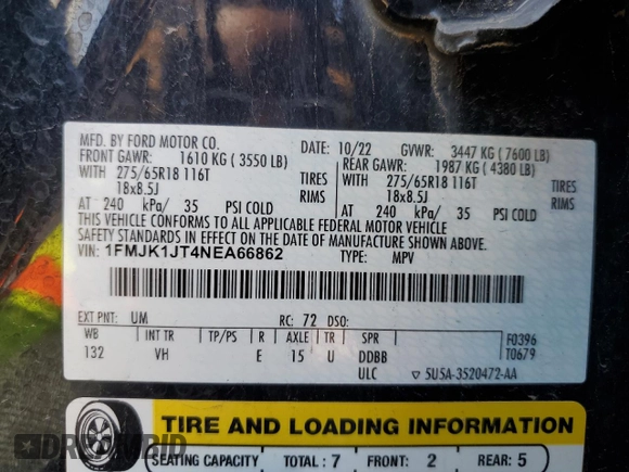 2022 Ford Expedition Max XLT with VIN 1FMJK1JT4NEA66862, listed as a Copart auction lot 55061095 with 53,099 mi miles and Salvage Title. Bid and sale history available at DreamBid. Image 14.