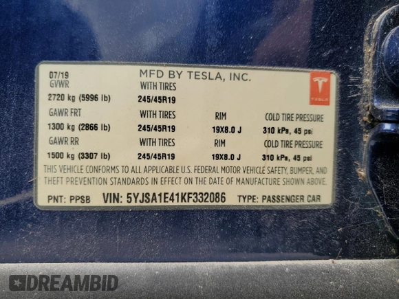 2019 Tesla Model S 100D с VIN 5YJSA1E41KF332086, выставлен на аукционе Copart как лот 74513814 с пробегом Не указан миль и Списание • Salvage title. История ставок и продаж доступна на DreamBid. Изображение 13.
