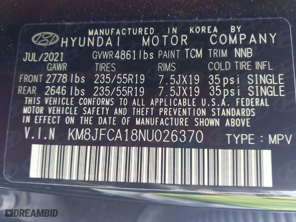 2022 Hyundai Tucson Hybrid SEL Convenience with VIN KM8JFCA18NU026370, listed as a IAAI auction lot 41390687 with NaN miles. Bid and sale history available at carsss.com. Image 9.
