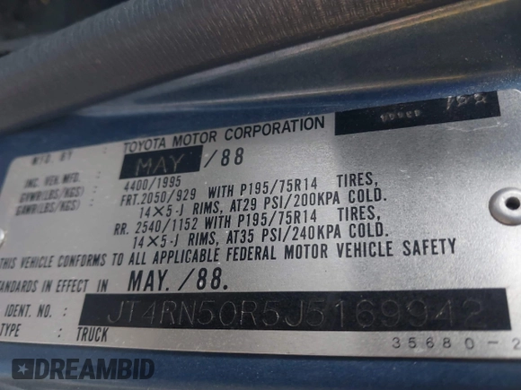 1988 Toyota Pickup with VIN JT4RN50R5J5169942, listed as a IAAI auction lot 42152517 with 218,579 mi miles and . Bid and sale history available at DreamBid. Image 9.