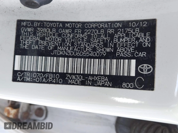 2013 Toyota Prius One with VIN JTDKN3DU6D5540079, listed as a IAAI auction lot 41644310 with 189,968 mi miles. Bid and sale history available at carsss.com. Image 9.