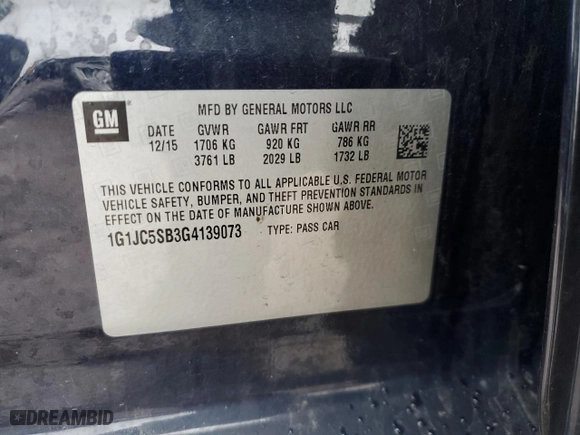 2016 Chevrolet Sonic LT with VIN 1G1JC5SB3G4139073, listed as a Copart auction lot 47767205 with 69,908 mi miles and Salvage Title. Bid and sale history available at carsss.com. Image 13.