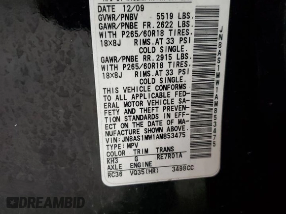2010 Infiniti FX z VIN JN8AS1MW1AM853475, wystawiony jako Copart lot #57907285 z przebiegiem Nie podano mil oraz Czysty tytuł • Clean title. Historia ofert i sprzedaży dostępna na DreamBid. Obrazek 13.