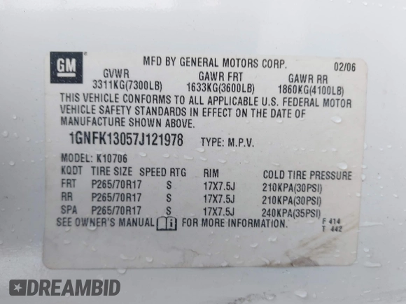 2007 Chevrolet Tahoe LTZ with VIN 1GNFK13057J121978, listed as a IAAI auction lot 42643202 with 240,004 mi miles and . Bid and sale history available at DreamBid. Image 9.