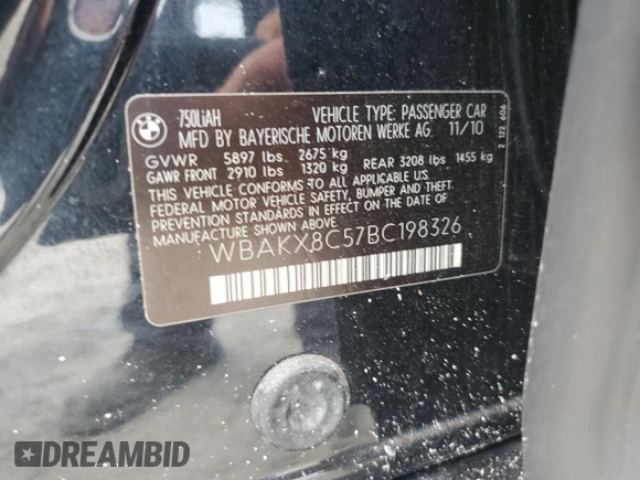 2011 BMW 7 Series with VIN WBAKX8C57BC198326, listed as a Copart auction lot 69985174 with 142,353 mi miles and Clean title. Bid and sale history available at DreamBid. Image 12.