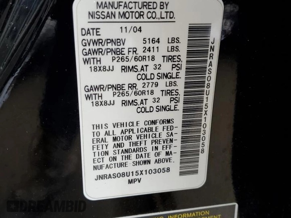 2005 Infiniti FX with VIN JNRAS08U15X103058, listed as a Copart auction lot 49421815 with 121,498 mi miles and Salvage title. Bid and sale history available at DreamBid. Image 13.