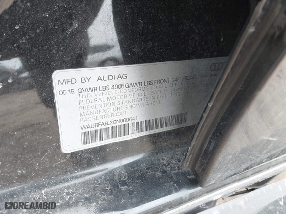 2016 Audi A4 Premium with VIN WAUBFAFL2GN000641, listed as a IAAI auction lot 41502841 with 149,667 mi miles. Bid and sale history available at carsss.com. Image 9.