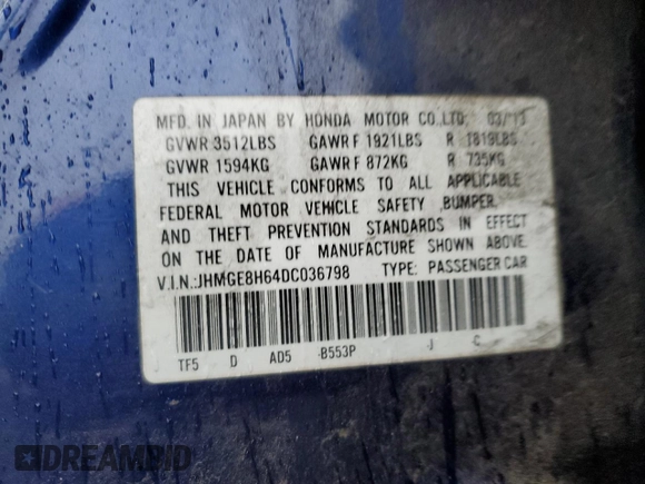 2013 Honda Fit Sport с VIN JHMGE8H64DC036798, выставлен на аукционе Copart как лот 50071345 с пробегом 201 439 миль миль и Списание • Salvage title. История ставок и продаж доступна на DreamBid. Изображение 12.