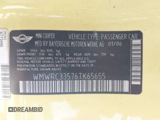 2006 MINI Hardtop с VIN WMWRC33576TK65655, выставлен на аукционе IAAI как лот 42453780 с пробегом 42 960 миль миль и . История ставок и продаж доступна на DreamBid. Изображение 9.