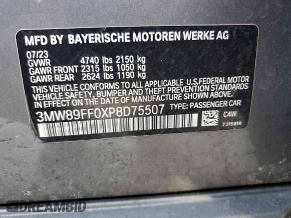 2023 BMW 3 Series 330i xDrive with VIN 3MW89FF0XP8D75507, listed as a Copart auction lot 43062285 with 34,396 mi miles and Salvage Title. Bid and sale history available at carsss.com. Image 12.