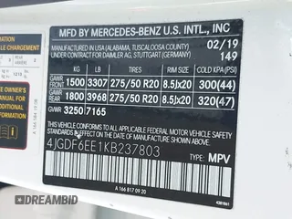 2019 Mercedes-Benz GLS 450 with VIN 4JGDF6EE1KB237803, listed as a IAAI auction lot 41441560 with 27,869 mi miles and . Bid and sale history available at DreamBid. Image 9.