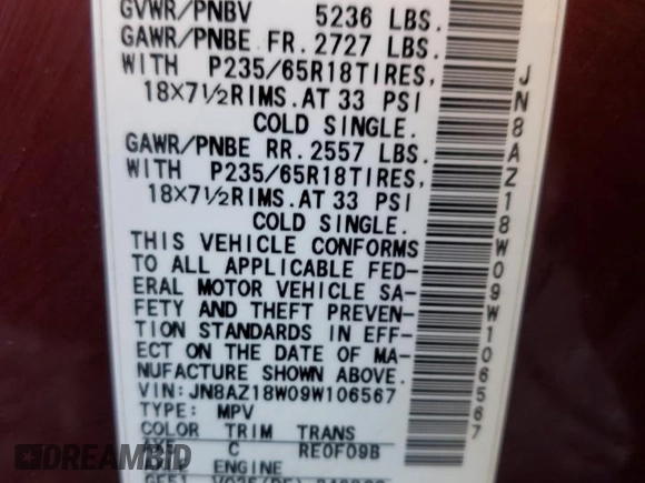 2009 Nissan Murano LE with VIN JN8AZ18W09W106567, listed as a Copart auction lot 73054083 with 0 mi miles and Salvage Title. Bid and sale history available at carsss.com. Image 13.