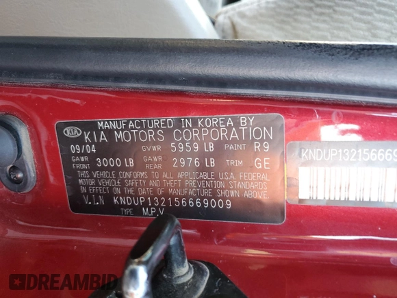 2005 Kia Sedona LX with VIN KNDUP132156669009, listed as a Copart auction lot 76936094 with 124,989 mi miles and Salvage Title. Bid and sale history available at carsss.com. Image 13.