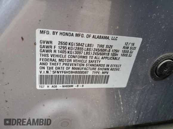 2017 Honda Pilot EX-L with VIN 5FNYF6H59HB008597, listed as a Copart auction lot 42166495 with 221,452 mi miles and Salvage Title. Bid and sale history available at DreamBid. Image 16.