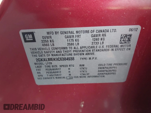 2012 GMC Terrain SLE-1 with VIN 2GKALMEK9C6384938, listed as a IAAI auction lot 42551751 with Not provided miles and . Bid and sale history available at DreamBid. Image 9.