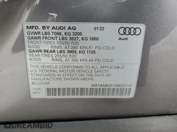 2022 Audi e-tron Premium with VIN WA1AABGE1NB022142, listed as a Copart auction lot 55533575 with 46,599 mi miles and Salvage Title. Bid and sale history available at DreamBid. Image 13.