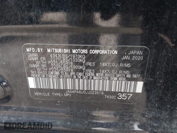 2020 Mitsubishi Outlander Sport SE 2.0 with VIN JA4AP4AU0LU023519, listed as a IAAI auction lot 41318430 with 116,565 mi miles. Bid and sale history available at carsss.com. Image 9.