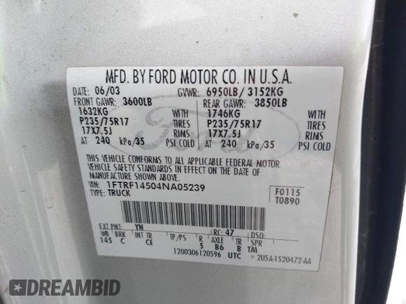 2004 Ford F-150 XL z VIN 1FTRF14504NA05239, wystawiony jako IAAI lot #41272950 z przebiegiem Nie podano mil oraz . Historia ofert i sprzedaży dostępna na DreamBid. Obrazek 9.