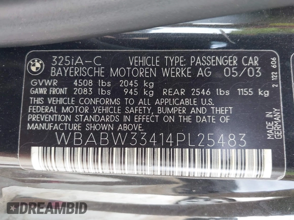 2004 BMW 3 Series 325Ci with VIN WBABW33414PL25483, listed as a IAAI auction lot 40604293 with 1 mi miles. Bid and sale history available at carsss.com. Image 9.
