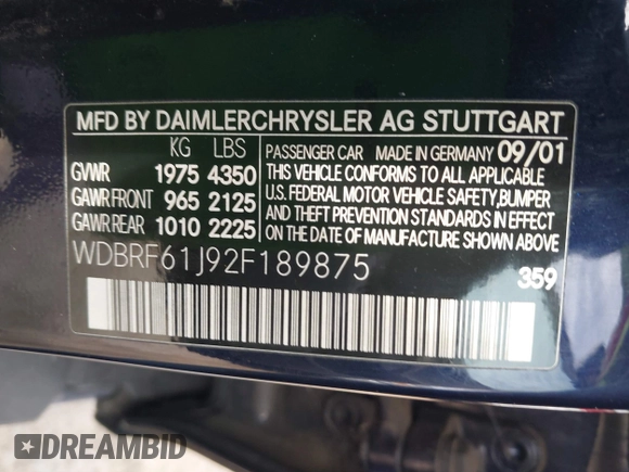 2002 Mercedes-Benz C 230/260/280/320 with VIN WDBRF61J92F189875, listed as a IAAI auction lot 41774788 with 222,463 mi miles and . Bid and sale history available at carsss.com. Image 9.