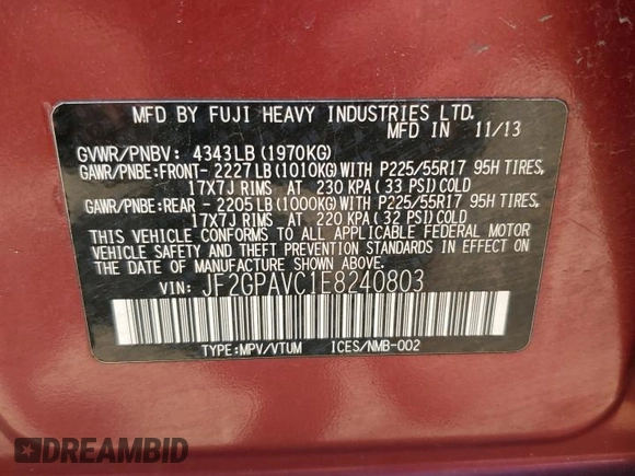 2014 Subaru Crosstrek Premium with VIN JF2GPAVC1E8240803, listed as a Copart auction lot 61283145 with Not provided miles and Salvage title. Bid and sale history available at DreamBid. Image 12.