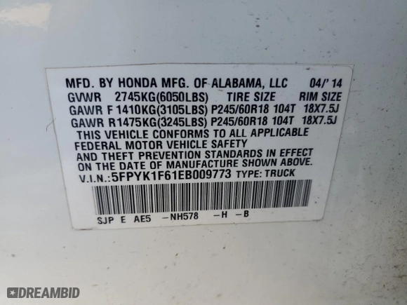 2014 Honda Ridgeline SE with VIN 5FPYK1F61EB009773, listed as a Copart auction lot 41438015 with 167,849 mi miles and Salvage Title. Bid and sale history available at carsss.com. Image 14.